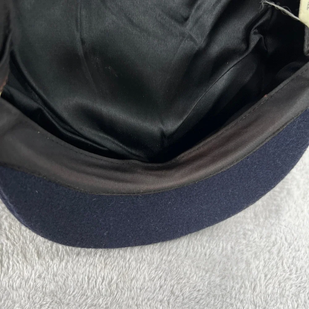 Vintage Wool Flat Cap Navy Blue Newsboy Ivy Driving Leather Strap USA Made Hat